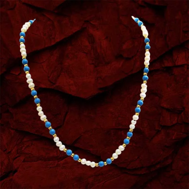 Single Line Real Freshwater Pearl, Turquoise Beads & Gold Plated Beads Necklace (SN984)