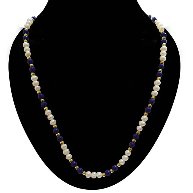 Single Line Real Freshwater Pearl, Blue Lapiz Beads & Gold Plated Beads Necklace (SN985)