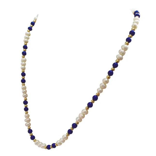 Single Line Real Freshwater Pearl, Blue Lapiz Beads & Gold Plated Beads Necklace (SN985)