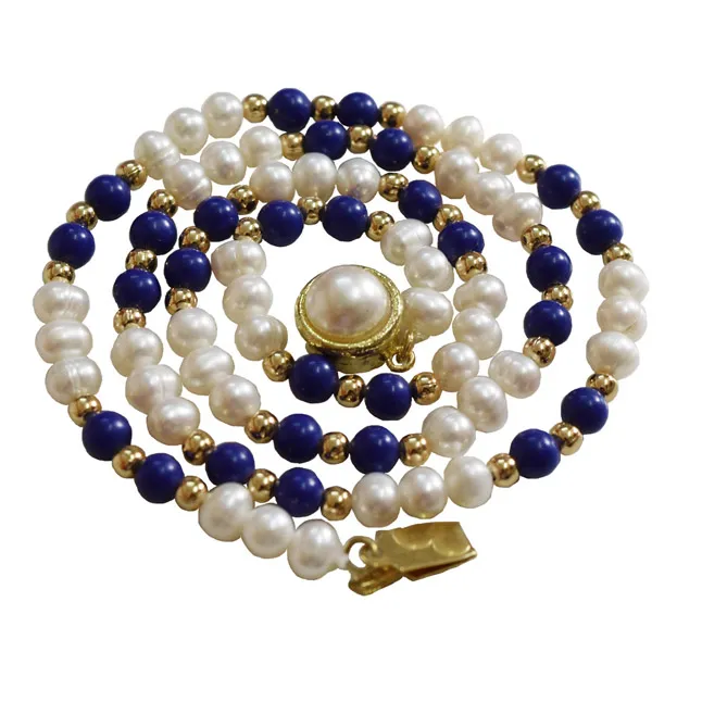 Single Line Real Freshwater Pearl, Blue Lapiz Beads & Gold Plated Beads Necklace (SN985)