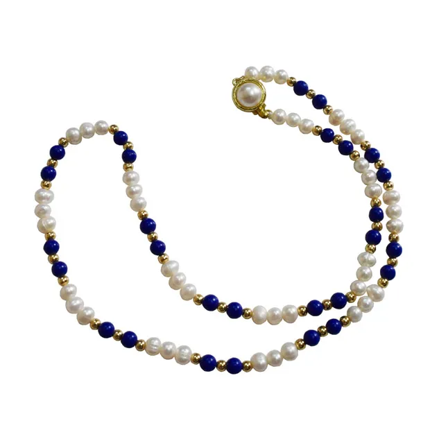 Single Line Real Freshwater Pearl, Blue Lapiz Beads & Gold Plated Beads Necklace (SN985)