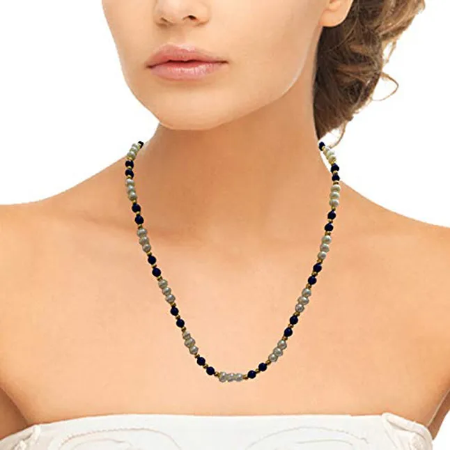 Single Line Real Freshwater Pearl, Blue Lapiz Beads & Gold Plated Beads Necklace (SN985)