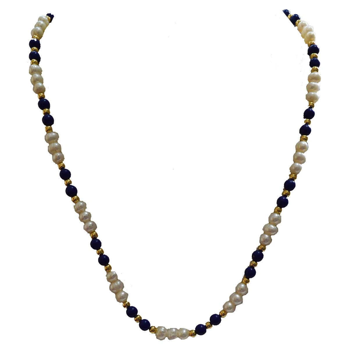 Single Line Real Freshwater Pearl, Blue Lapiz Beads & Gold Plated Beads Necklace