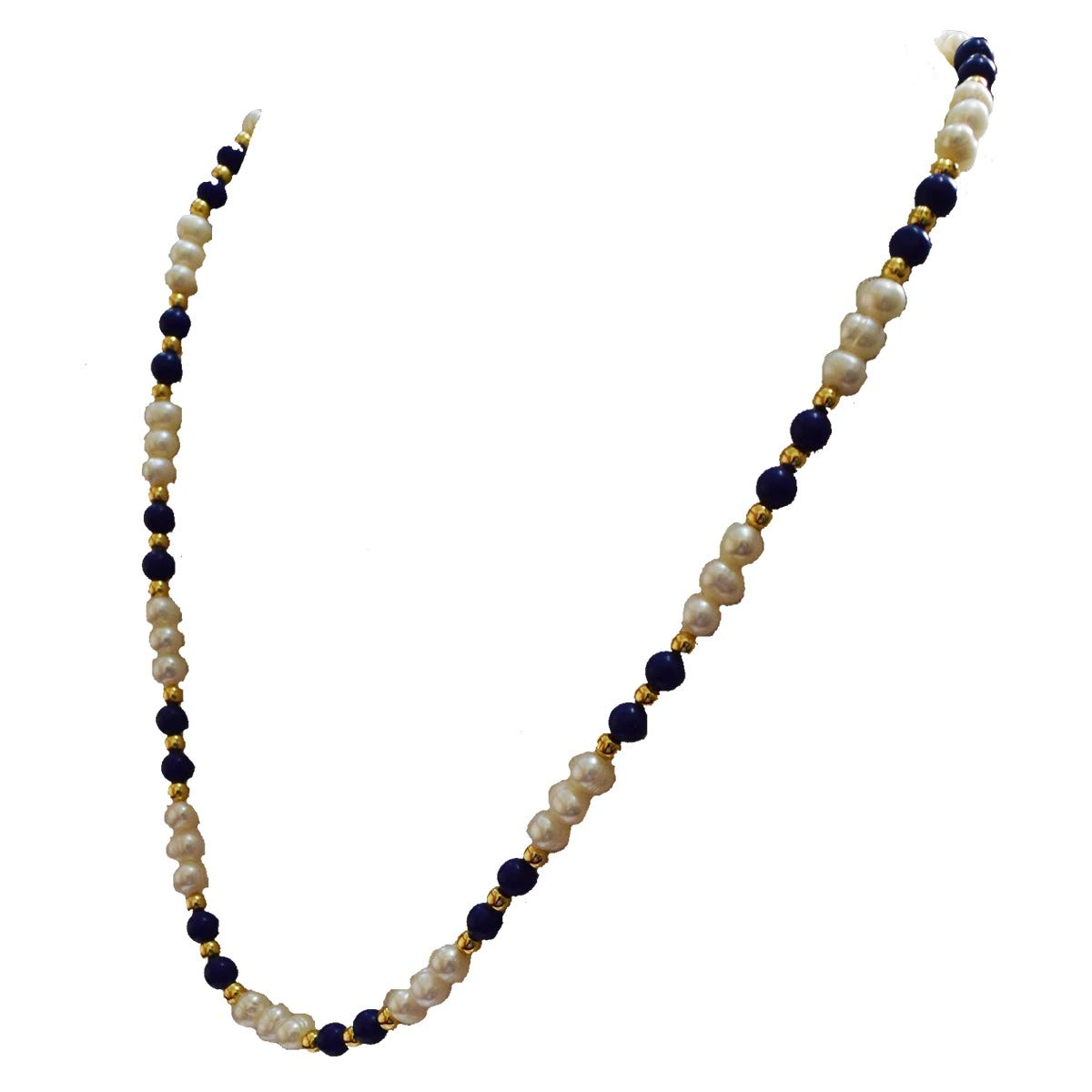 Single Line Real Freshwater Pearl, Blue Lapiz Beads & Gold Plated Beads Necklace
