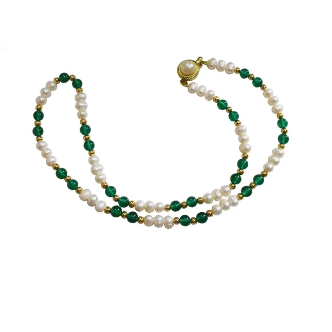 Single Line Real Freshwater Pearl, Onyx Beads & Gold Plated Beads Necklace (SN986)