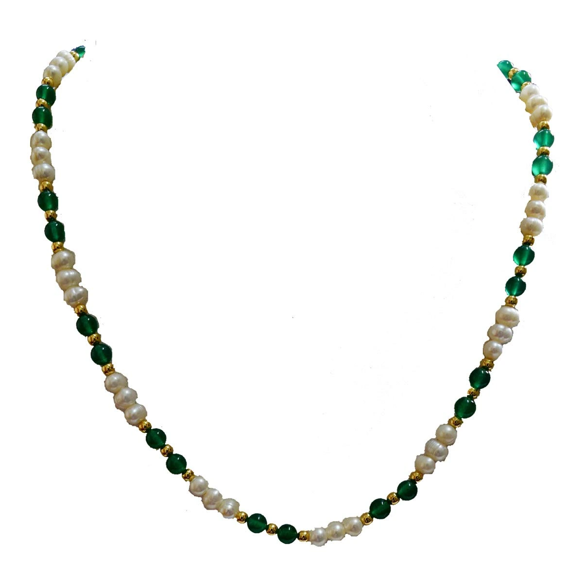 Single Line Real Freshwater Pearl, Onyx Beads & Gold Plated Beads Necklace