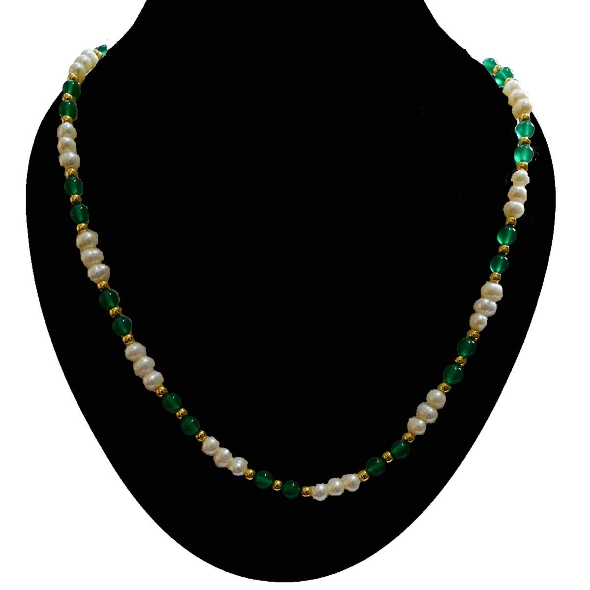 Single Line Real Freshwater Pearl, Onyx Beads & Gold Plated Beads Necklace