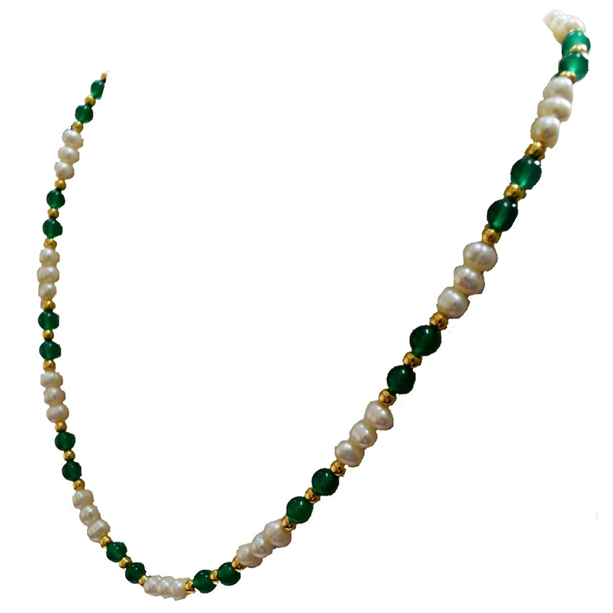 Single Line Real Freshwater Pearl, Onyx Beads & Gold Plated Beads Necklace