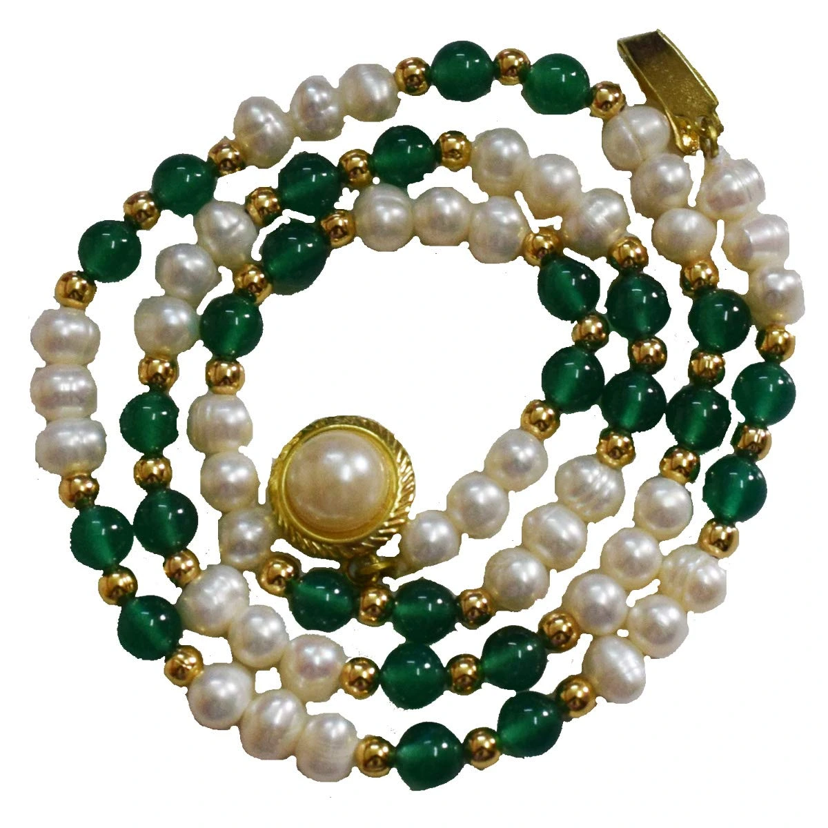 Single Line Real Freshwater Pearl, Onyx Beads & Gold Plated Beads Necklace