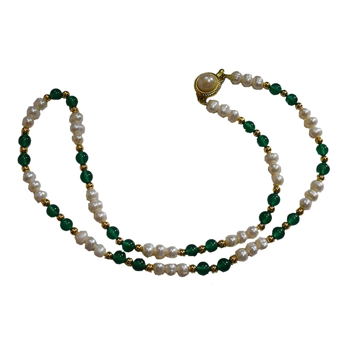 Single Line Real Freshwater Pearl, Onyx Beads & Gold Plated Beads Necklace