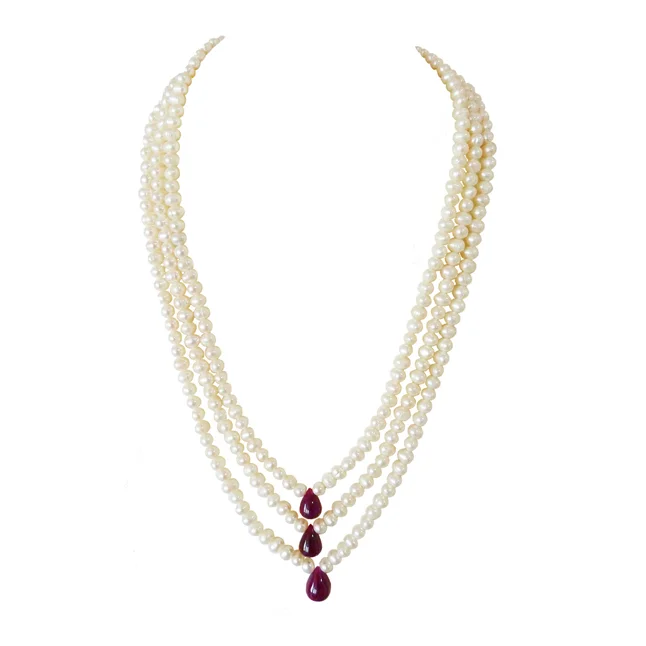 Traditional Rani Haar 3 Line Real Pearl & Drop Ruby Necklace | Mesmerizing Ruby Pearl Jewelry (SN989)