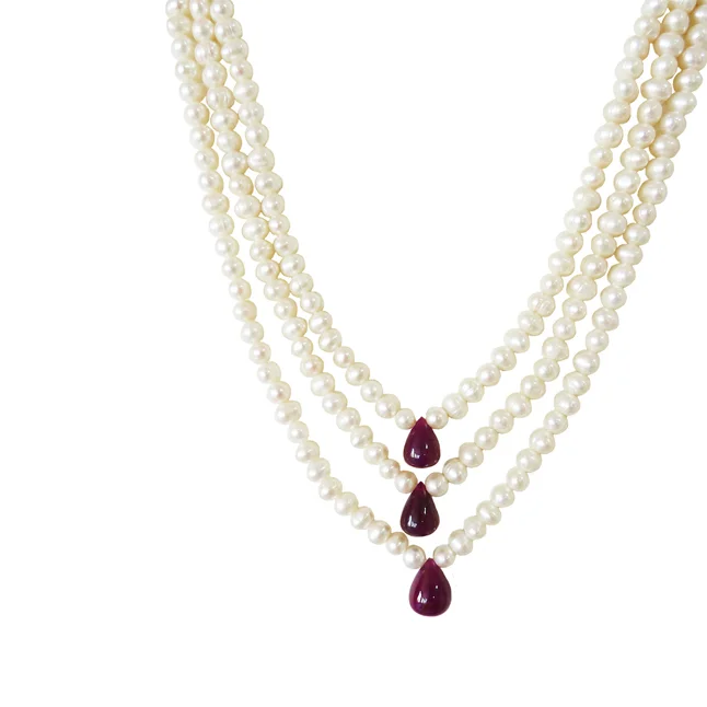 Traditional Rani Haar 3 Line Real Pearl & Drop Ruby Necklace | Mesmerizing Ruby Pearl Jewelry (SN989)