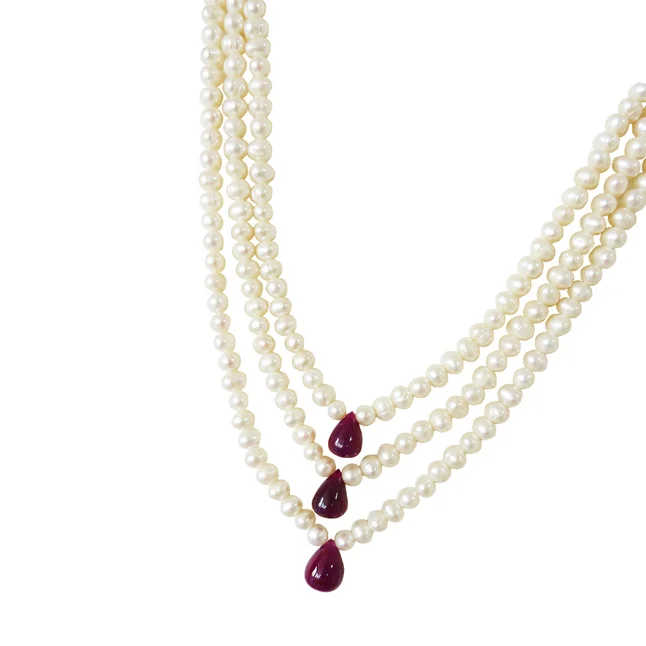 Traditional Rani Haar 3 Line Real Pearl & Drop Ruby Necklace | Mesmerizing Ruby Pearl Jewelry (SN989)