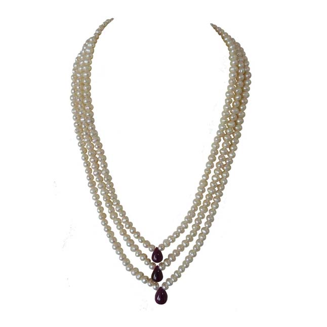 Traditional Rani Haar 3 Line Real Pearl and Drop Ruby Necklace (SN989)