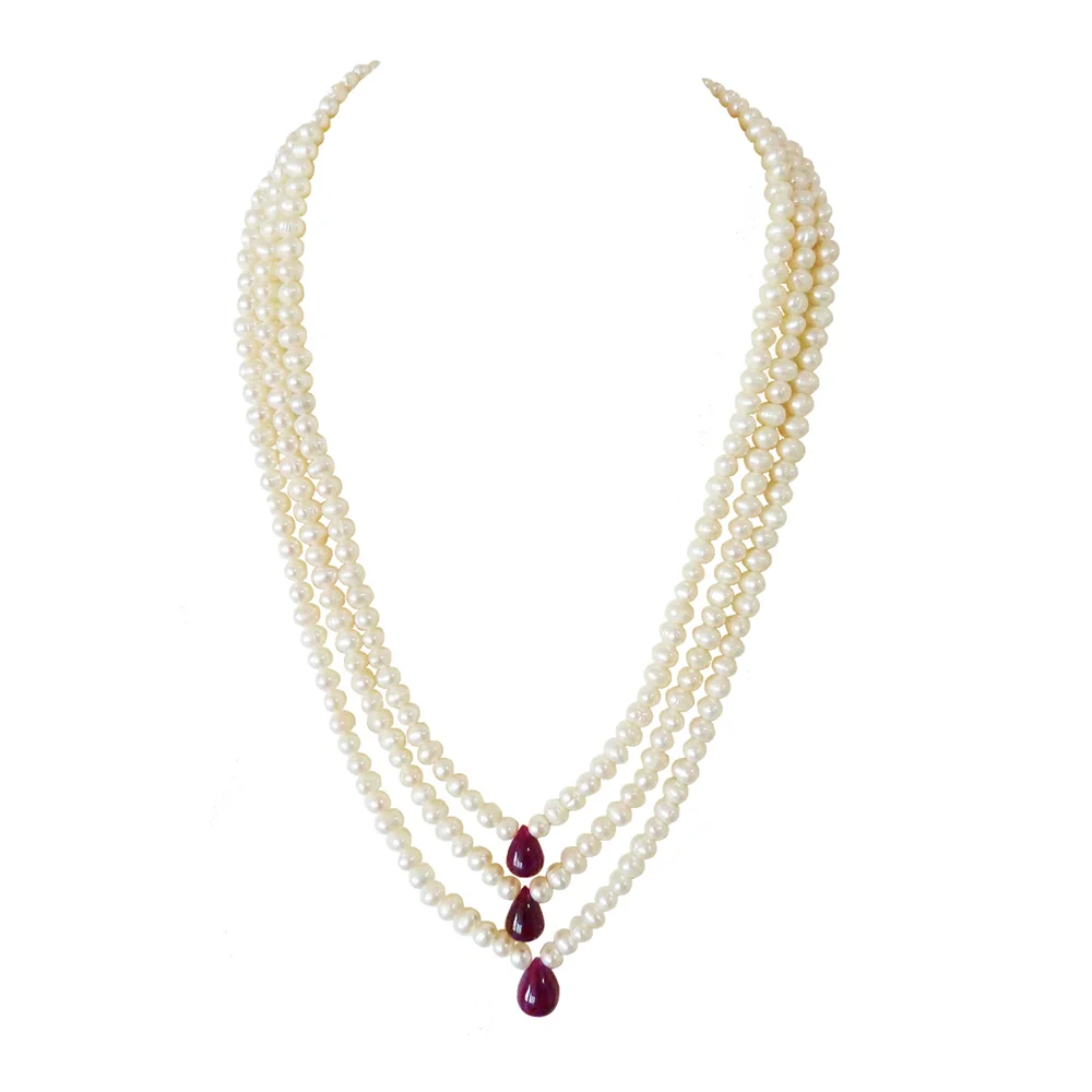 3 Line Real Pearl and Drop Ruby Necklace, Earrings, Bracelet Set (SN989+SE389+SB61)