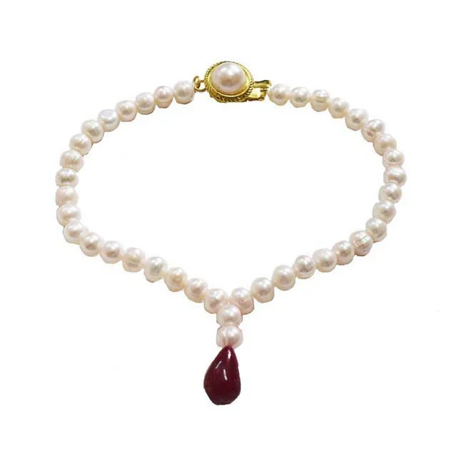 3 Line Real Pearl and Drop Ruby Necklace, Earrings, Bracelet Set (SN989+SE389+SB61)