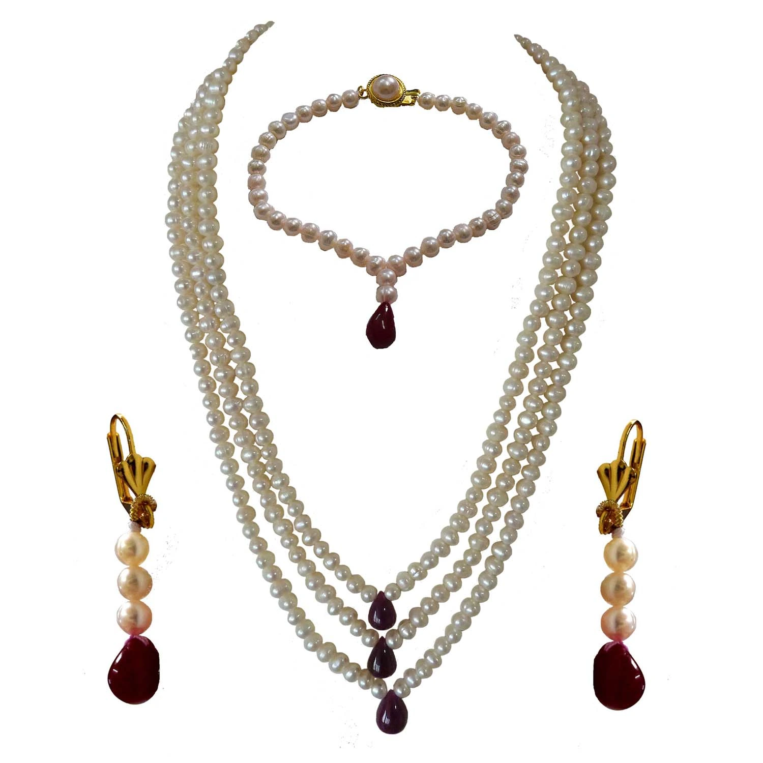 3 Line Real Pearl and Drop Ruby Necklace, Earrings, Bracelet Set (SN989+SE389+SB61)