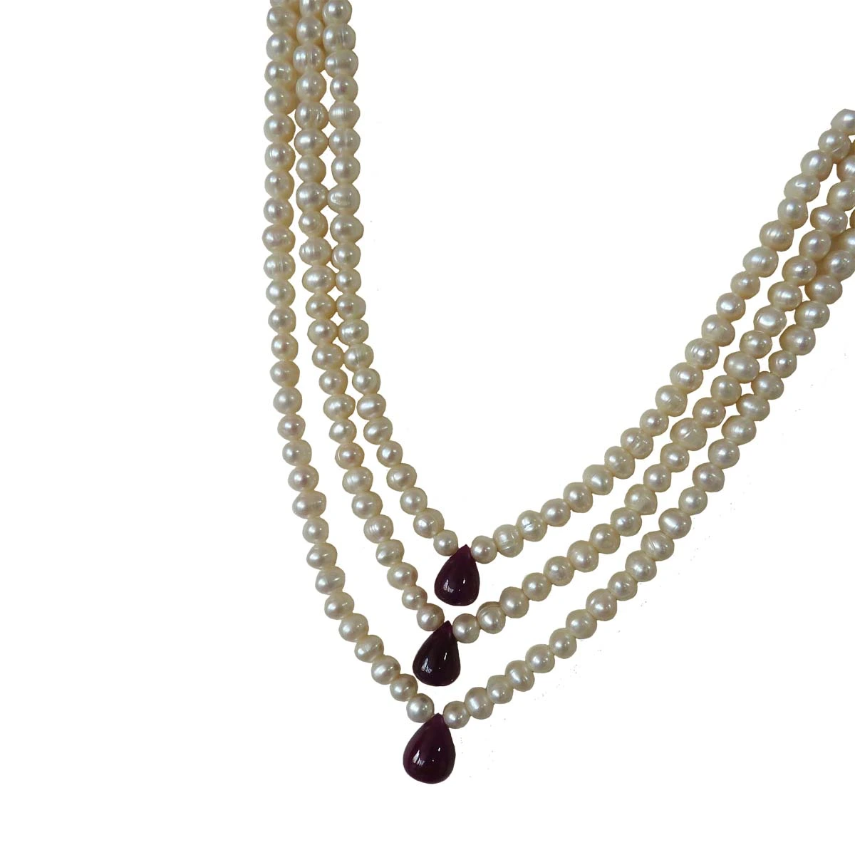 Traditional Rani Haar 3 Line Real Pearl and Drop Ruby Necklace (SN989)