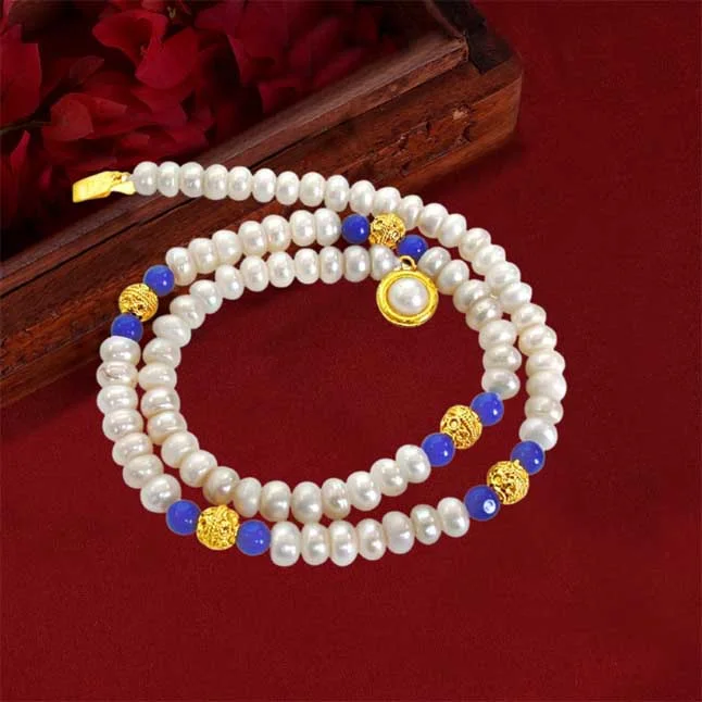 Wonder - Freshwater Pearl, Blue Lapiz Beads & Gold Plated Ball Necklace for Women (SN99)