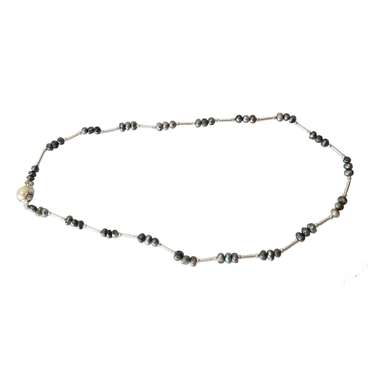 Single Line Real Gray Colored Pearl & Silver Plated Pipe Necklace for Women (SN996)