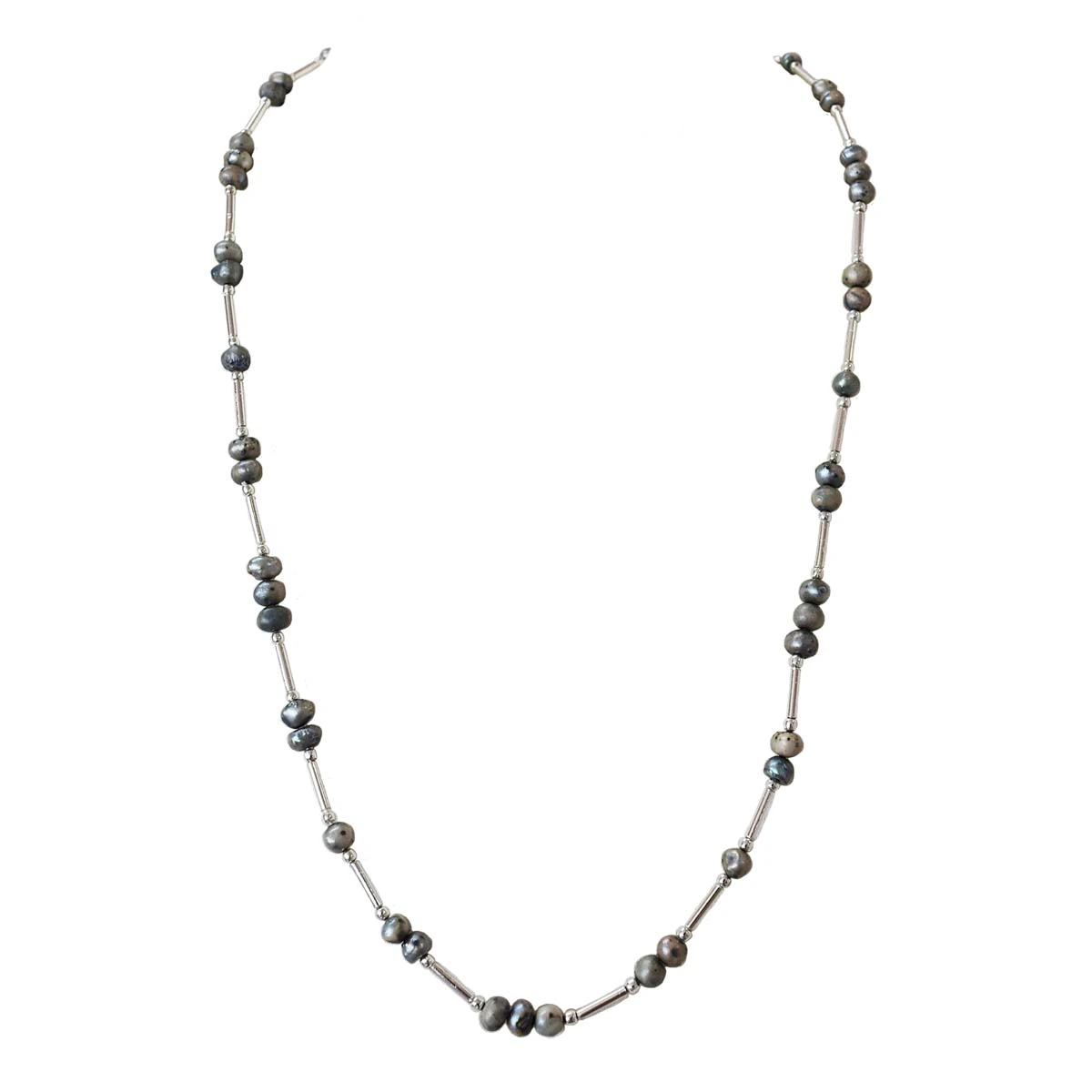 Single Line Real Gray Colored Pearl & Silver Plated Pipe Necklace for Women (SN997)