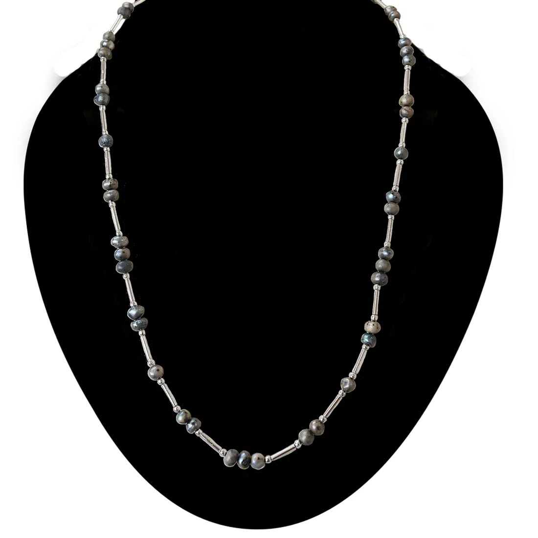 Single Line Real Gray Colored Pearl & Silver Plated Pipe Necklace for Women (SN997)