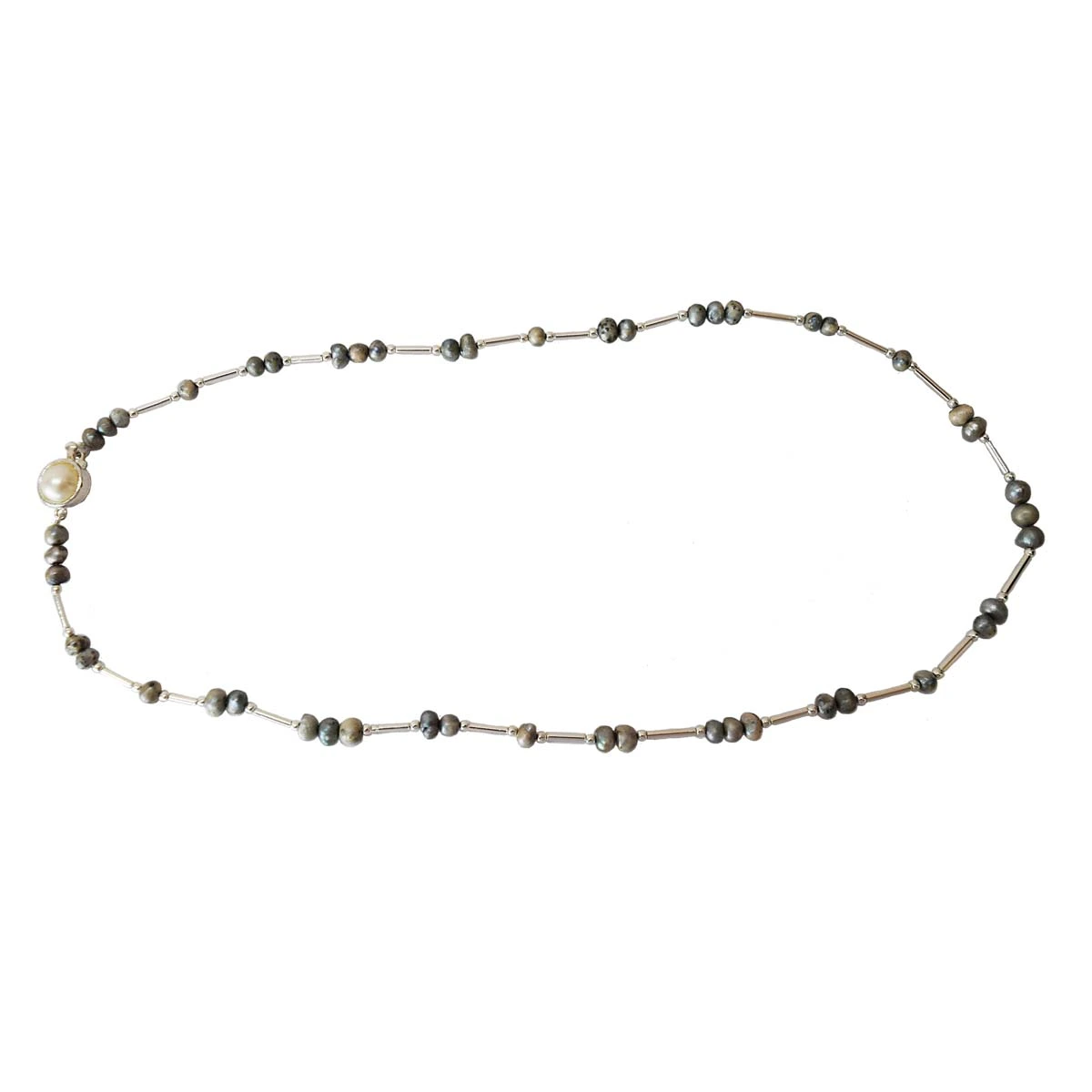 Single Line Real Gray Colored Pearl & Silver Plated Pipe Necklace for Women (SN997)