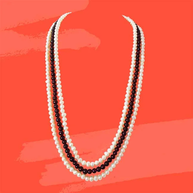 Elegant Three Line Real Pearl & Red Garnet Necklace | Timeless Beauty for Women (SN998)