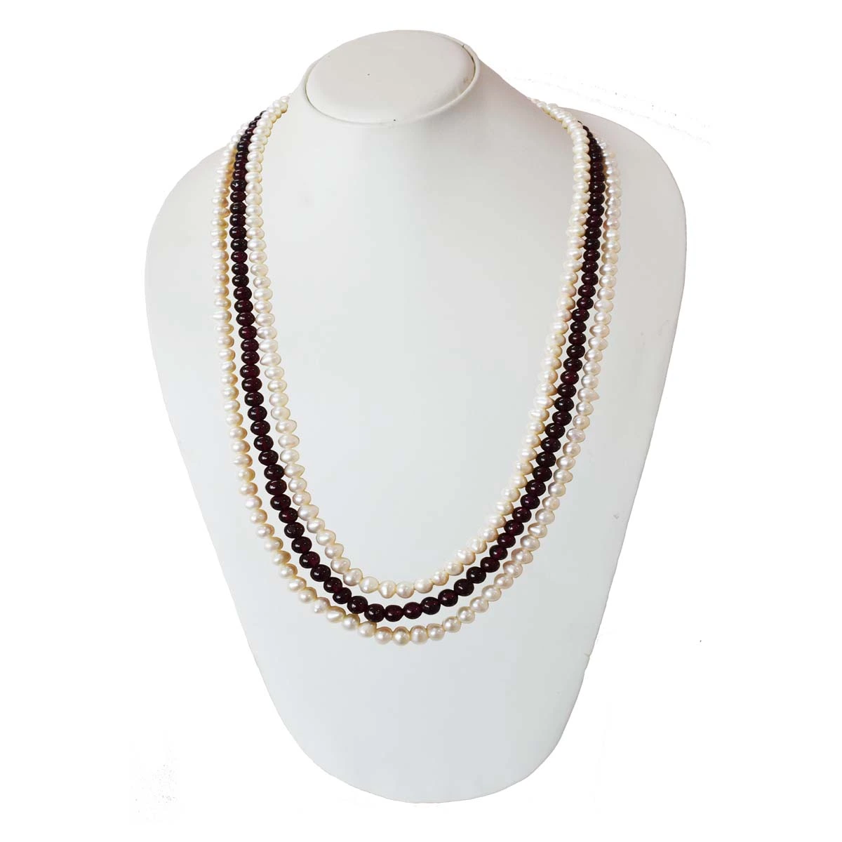 Three Line Real Pearl & Red Garnet Necklace (SN998)