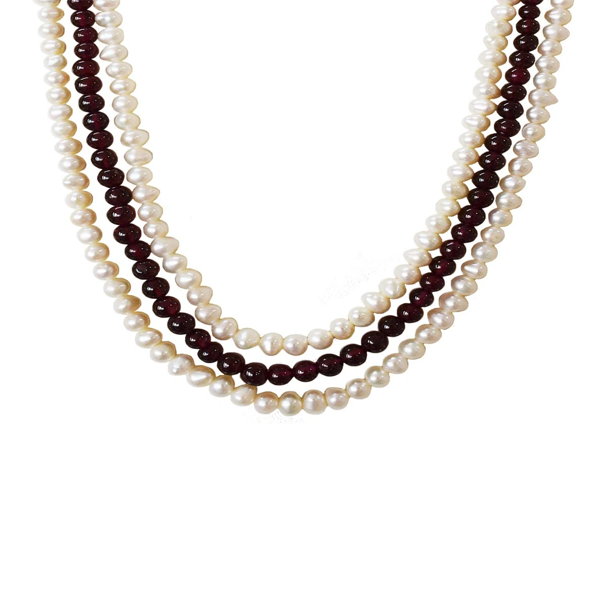 Three Line Real Pearl & Red Garnet Necklace (SN998)