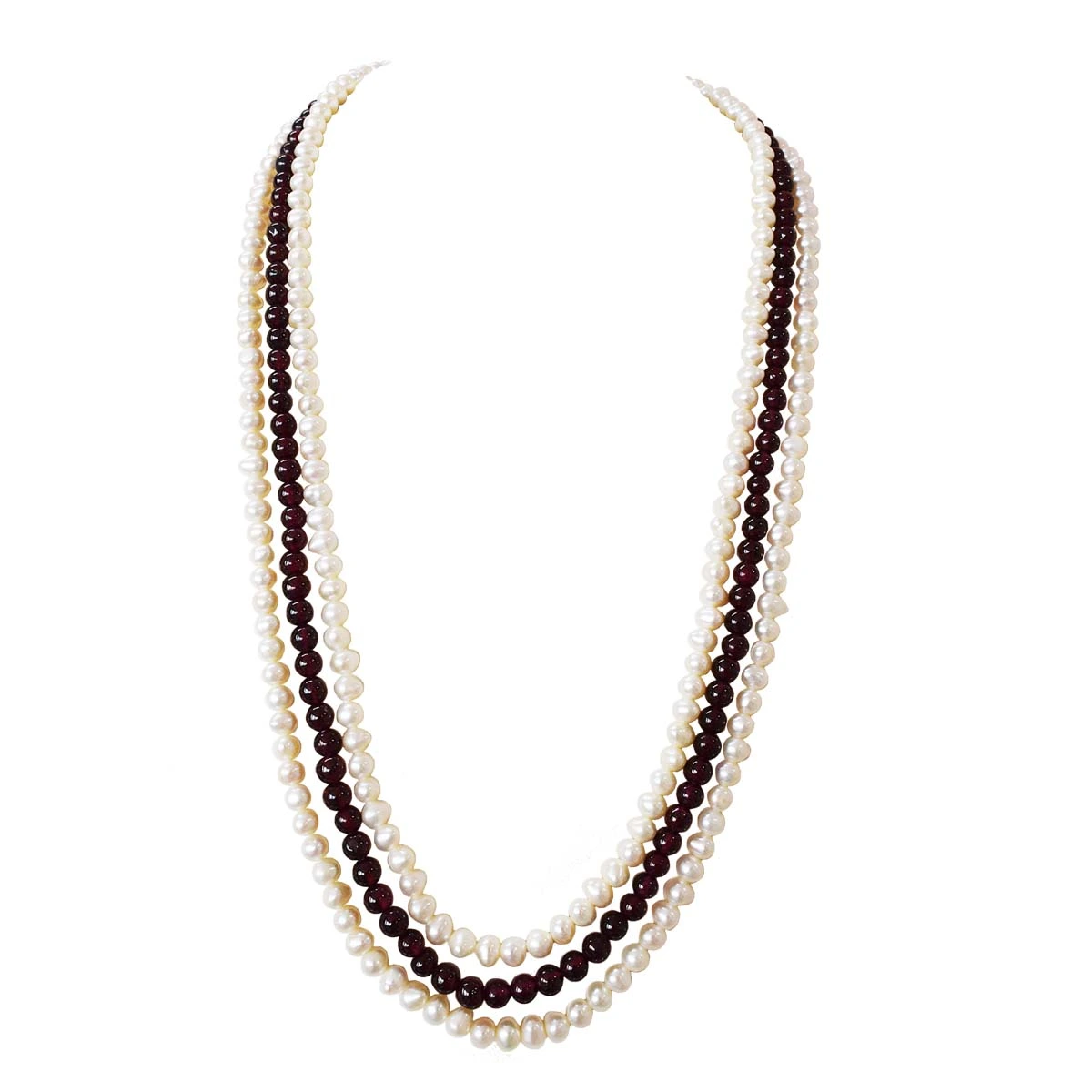 Three Line Real Pearl & Red Garnet Necklace (SN998)