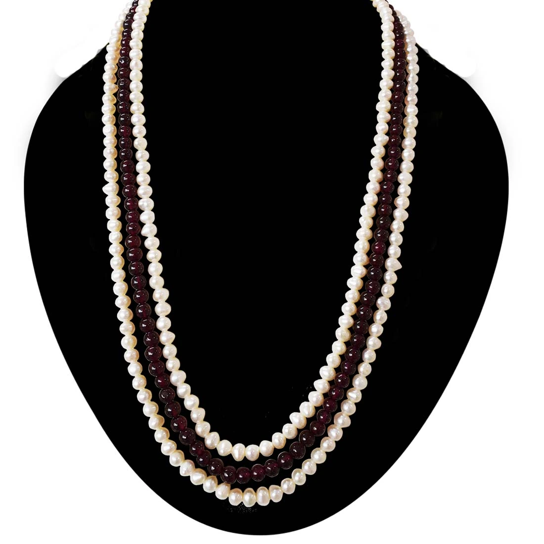 Three Line Real Pearl & Red Garnet Necklace (SN998)