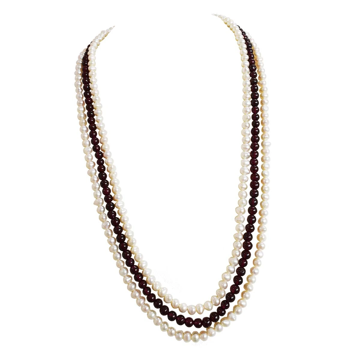 Three Line Real Pearl & Red Garnet Necklace (SN998)