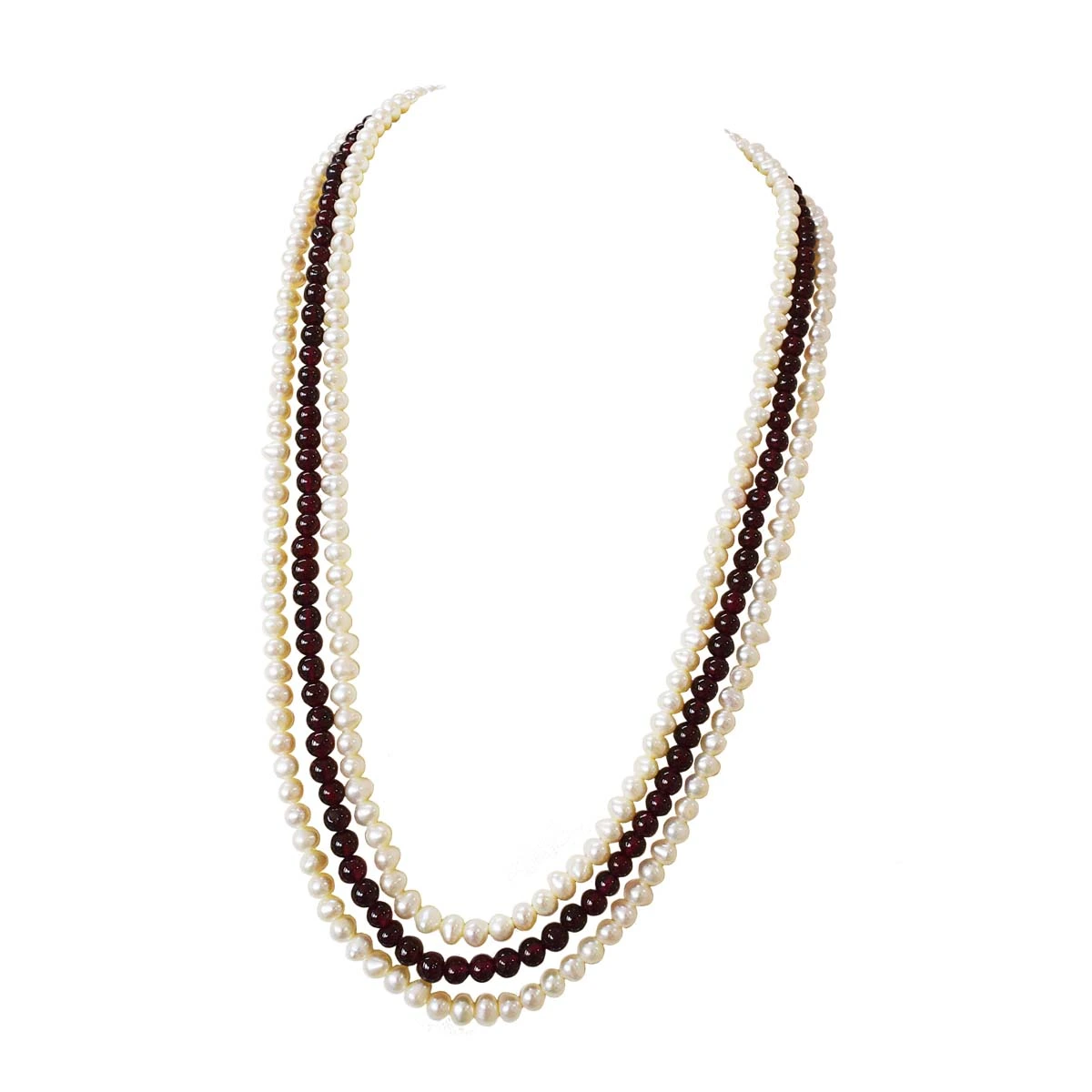 Three Line Real Pearl & Red Garnet Necklace (SN998)