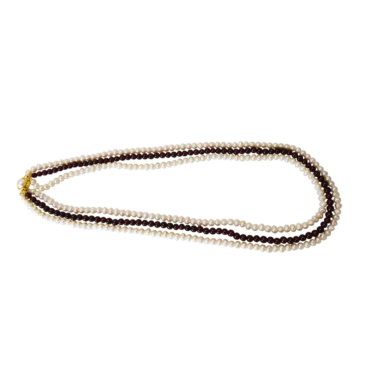 Three Line Real Pearl & Red Garnet Necklace (SN998)