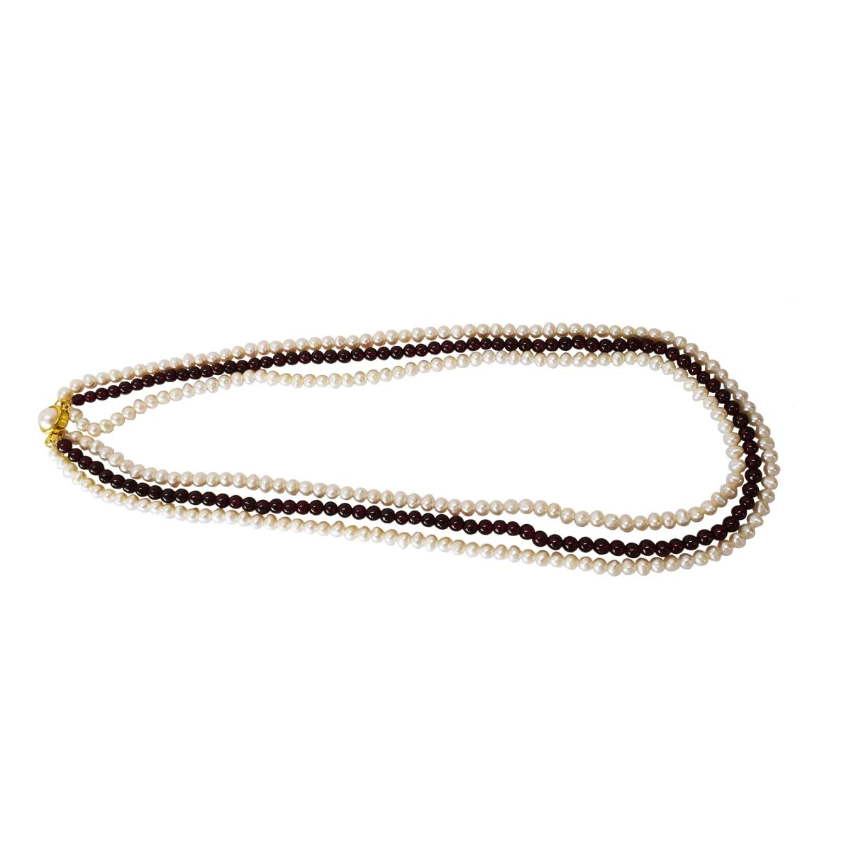 Elegant Three Line Real Pearl & Red Garnet Necklace | Timeless Beauty for Women (SN998)