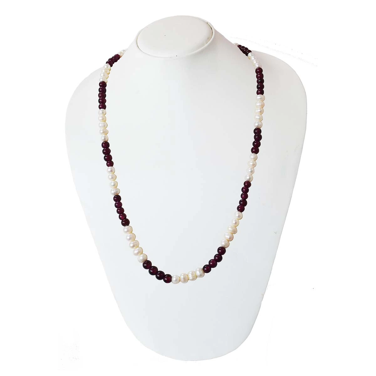 Single Line Red Garnet & Real Pearl Necklace (SN999)