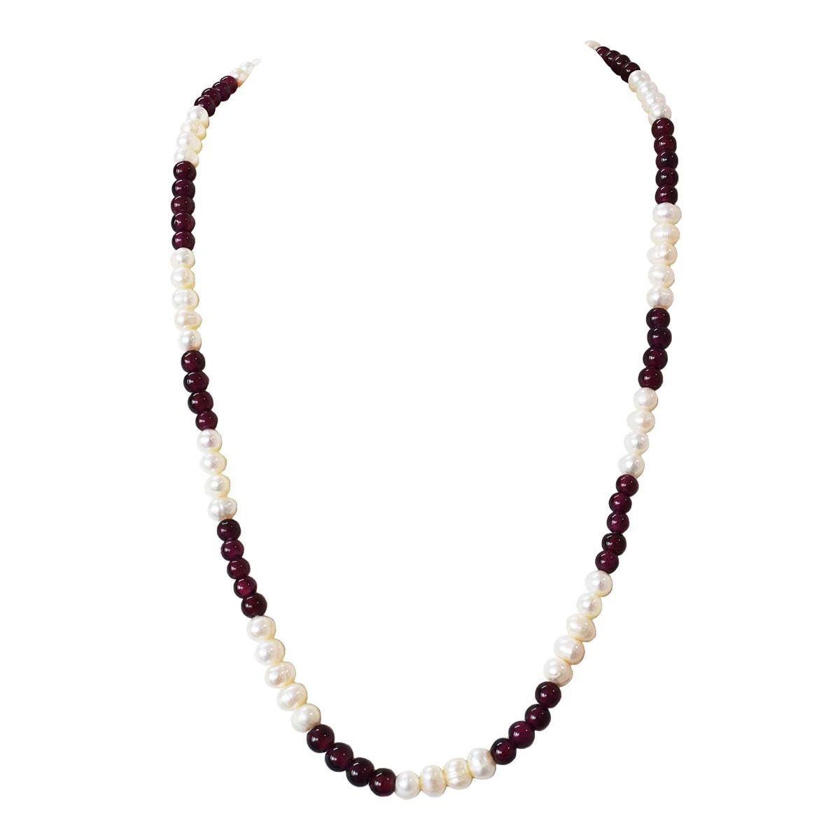 Single Line Red Garnet & Real Pearl Necklace (SN999)