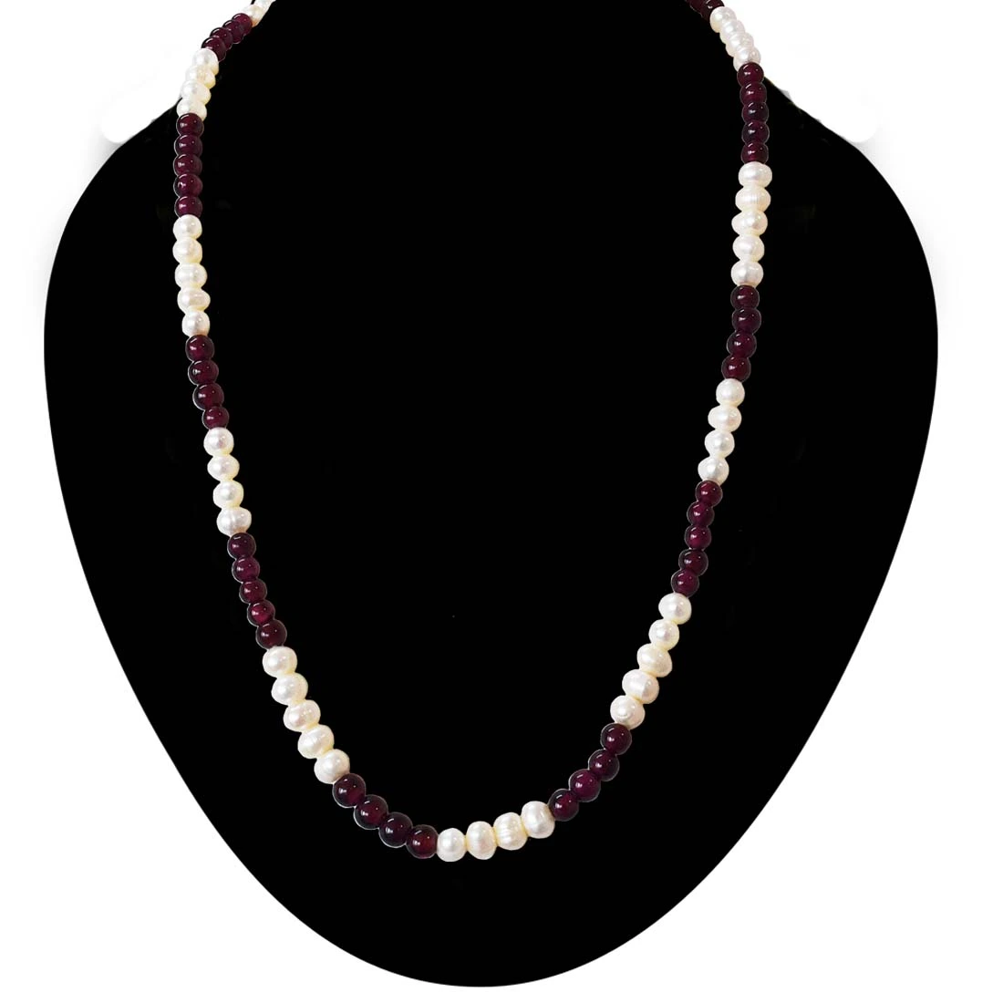 Single Line Red Garnet & Real Pearl Necklace (SN999)