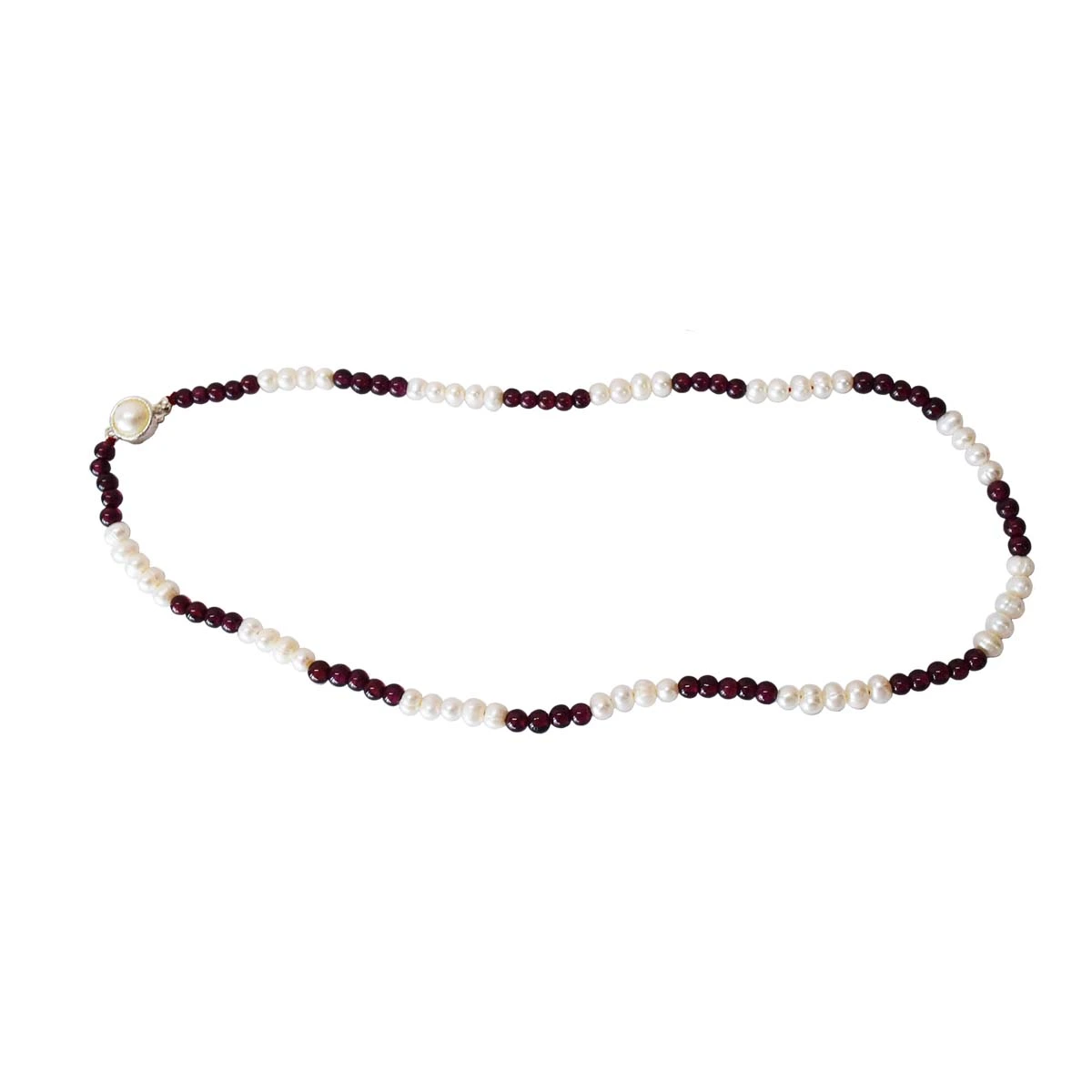Single Line Red Garnet & Real Pearl Necklace (SN999)