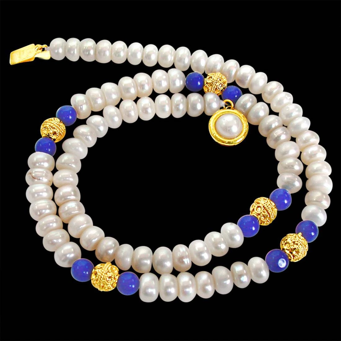 Wonder - Freshwater Pearl, Blue Lapiz Beads & Gold Plated Ball Necklace for Women (SN99)