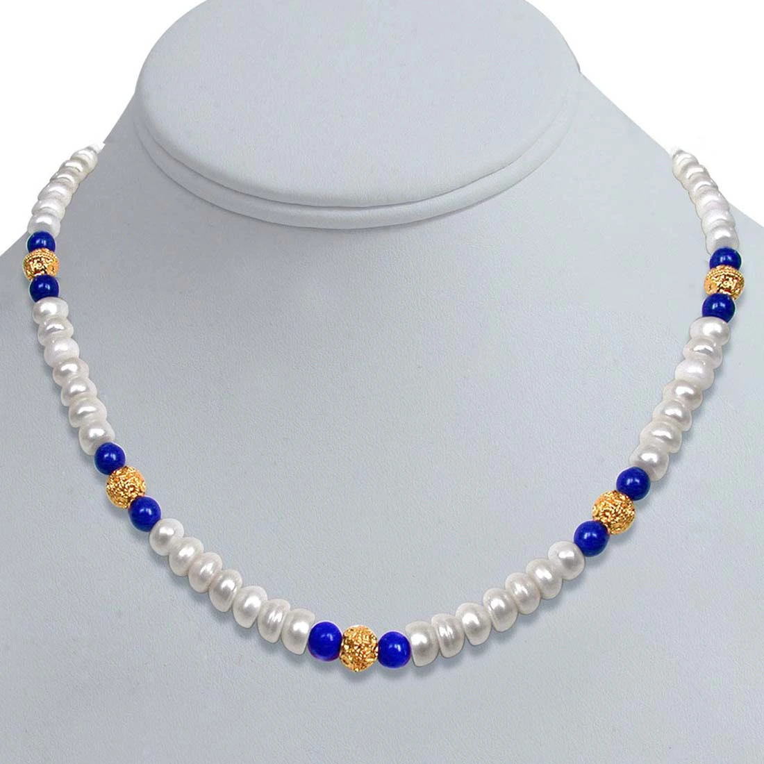 Wonder - Freshwater Pearl, Blue Lapiz Beads & Gold Plated Ball Necklace for Women (SN99)