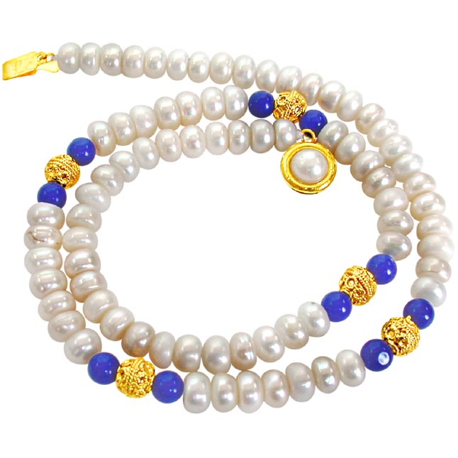 Wonder - Freshwater Pearl, Blue Lapiz Beads & Gold Plated Ball Necklace for Women (SN99)