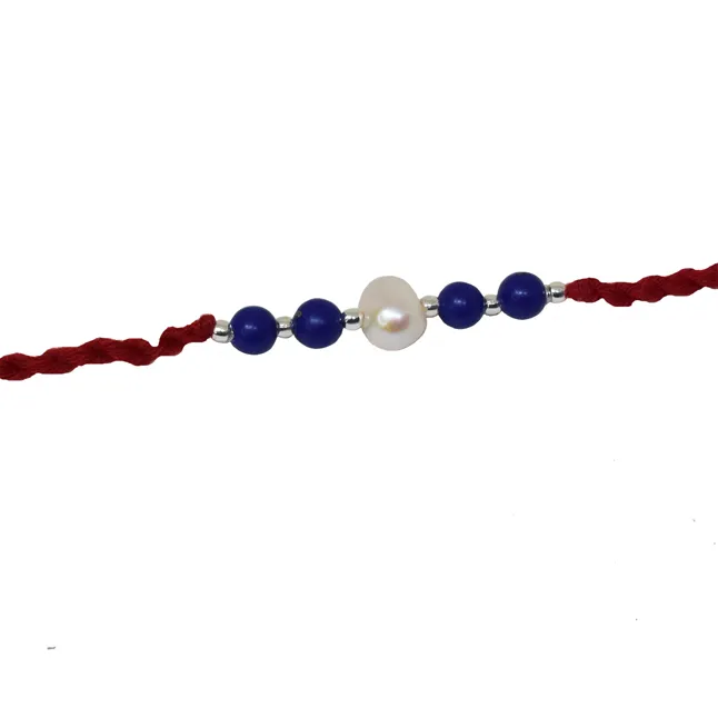 Blue Lapiz Lazuli and Pearl Rakhi in Red thread for your Brothers (SNGP10)