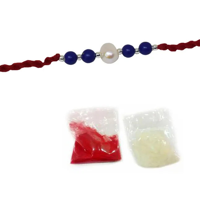 Blue Lapiz Lazuli and Pearl Rakhi in Red thread for your Brothers (SNGP10)