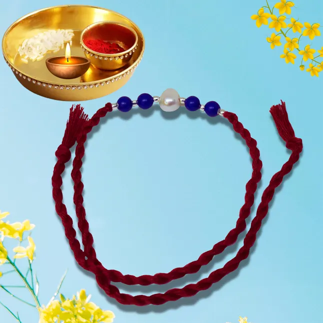 Blue Lapiz Lazuli and Pearl Rakhi in Red thread for your Brothers (SNGP10)