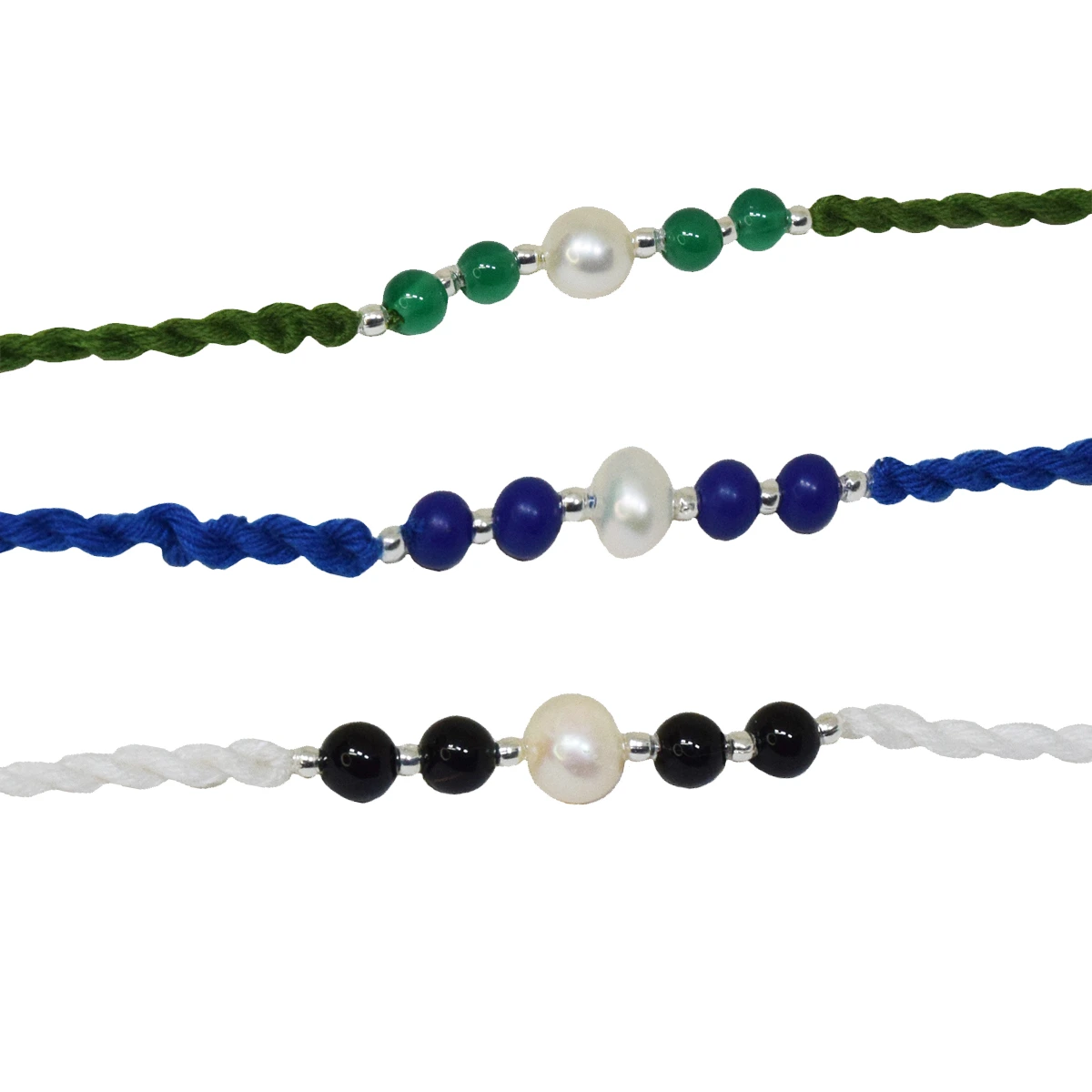 Green Onyx-Pearl & Blue Lapiz Lazuli-Pearl & Black Onyx-Pearl Rakhi (SNGP4+SNGP5+SNGP6)