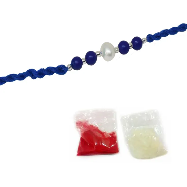 Blue Lapiz Lazuli and Pearl Rakhi in Blue thread for your Brothers (SNGP5)