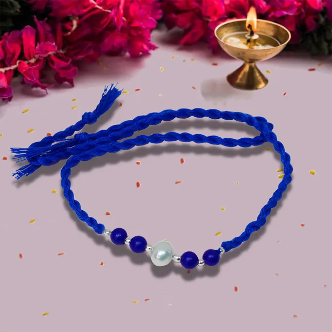 Blue Lapiz Lazuli and Pearl Rakhi in Blue thread for your Brothers (SNGP5)