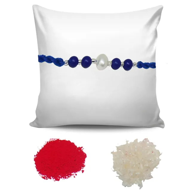 Blue Lapiz Lazuli and Pearl Rakhi in Blue thread for your Brothers (SNGP5)
